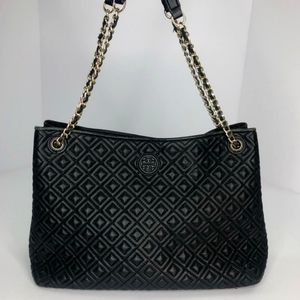Tory Burch Black Quilted Leather Marion Tote Gold Braided Chain